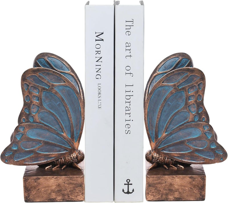 Kakizzy Vintage Blue Butterfly Bookends,Resin Book Ends for Shelves,Heavy Duty Decorative Bookends,Creative Book Stopper Holder Decor for Desk Home Office,Shelf Decoration,Gifts for Mother's Day - Image 1